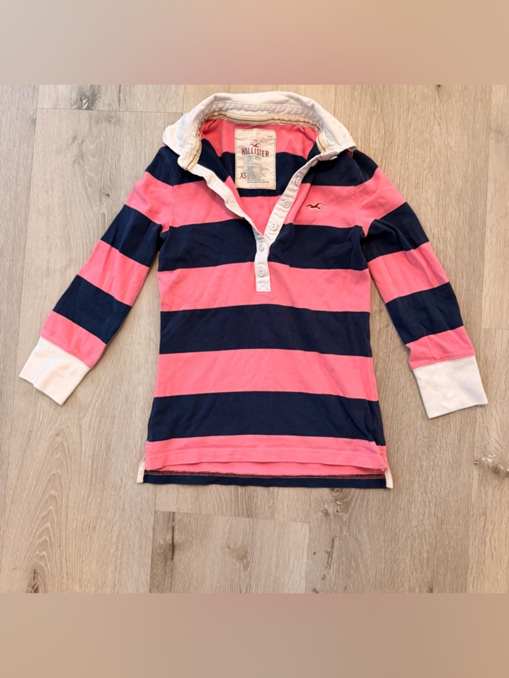 Vintage Hollister Y2K Pink & Navy Striped Rugby Polo Shirt - Size XS